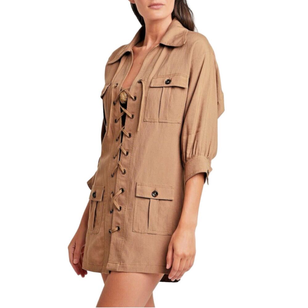 Solid & Striped Lace Up Khaki Tan Linen Blend Safari Cover Up Dress M